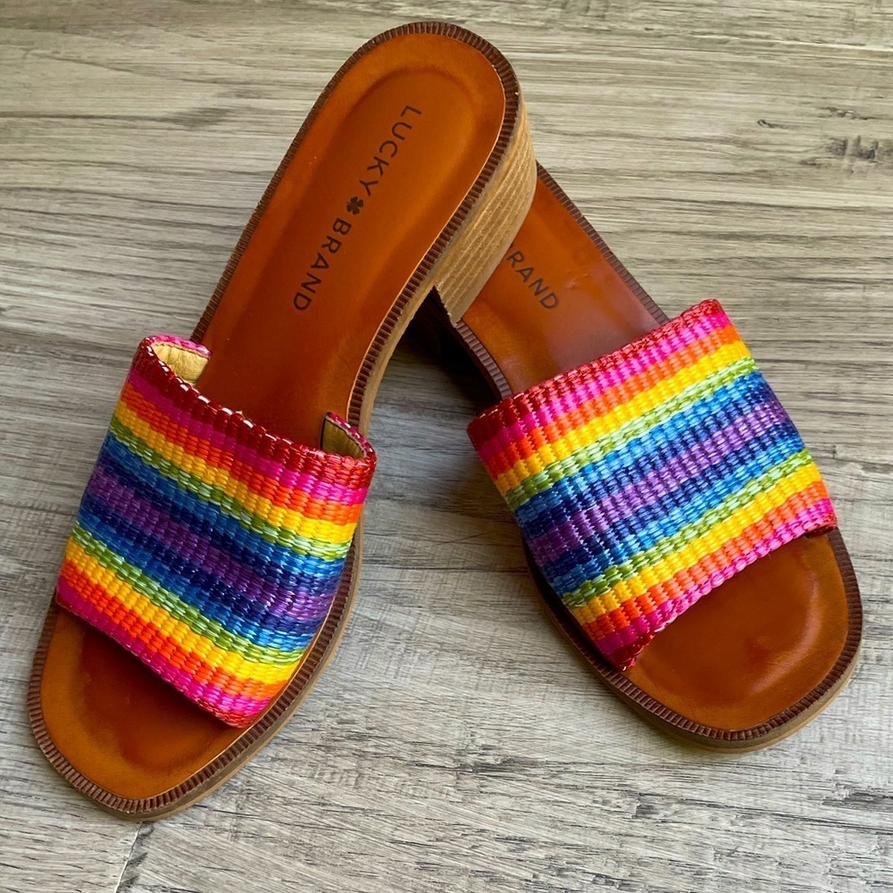 Lucky Brand Rainbow Color Woven Slide Sandals Stacked Heel Open Toe SZ 5.5